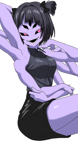 5_eyes 6_arms 8_limbs accessory alternate_costume anthro bangs biped black_clothing black_hair black_sclera bottomwear bow_ribbon breasts button_(fastener) clothing collared_shirt crossed_arms dress_shirt fangs female hair hair_accessory hair_bow hair_ribbon hand_behind_head looking_at_viewer medium_breasts multi_arm multi_eye multi_limb open_mouth open_smile pencil_skirt pigtails pink_eyes pose purple_body raised_arm ribbons shirt short_hair simple_background sitting skirt smile smiling_at_viewer solo teeth three-quarter_view topwear white_background ilo_a5 undertale undertale_(series) muffet arachnid arthropod boss_monster_(undertale) spider 2025 digital_drawing_(artwork) digital_media_(artwork) hi_res portrait three-quarter_portrait