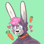 anthro carrot collar eyewear eyewear_on_head food glasses glasses_on_head green_tongue hair heart_symbol male orange_eyes pink_hair plant solo tongue tongue_out vegetable mini_river river_bawdy_(mini_river) lagomorph leporid mammal rabbit 1:1 bust_portrait hi_res portrait