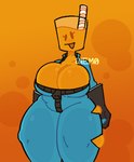 beverage big_breasts black_clothing black_gloves black_handwear blue_jumpsuit breasts cleavage clothed clothing drinking_straw eyelashes featureless_breasts female food gloves handwear happy huge_breasts huge_thighs juice_(beverage) not_furry open_mouth orange_background orange_body orange_juice simple_background slightly_chubby solo standing thick_thighs three-quarter_view torn_jumpsuit wide_hips zipper zipper_jumpsuit probablydemo juce_(probablydemo) food_creature food_humanoid humanoid aliasing artist_name clip_studio_paint_(artwork) digital_media_(artwork) portrait three-quarter_portrait watermark