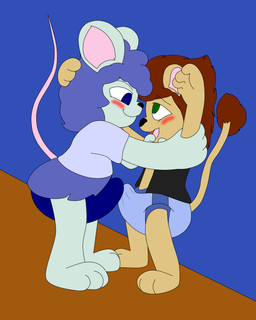 3_toes 4_fingers abdl androgynous anthro aroused aroused_male barefoot bedroom_eyes big_diaper black_clothing black_nose black_shirt black_topwear blue_bottomwear blue_clothing blue_diaper blue_eyes blue_hair blue_miniskirt blue_pull-ups blue_shirt blue_skirt blue_t-shirt blue_topwear blue_wall blush bottomwear breath brown_floor brown_hair brown_mane brown_tail brown_tail_tip brown_tail_tuft brown_tuft bulge bulge_frottage bulging_diaper clean_diaper clothed clothing crossdressing curly_hair detailed_background diaper diaper_bulge diaper_fetish diaper_frottage diaper_grinding diaper_humping diaper_sex diaper_under_clothing diaper_under_skirt dipstick_tail dominant dominant_anthro dominant_nonbinary dry_humping duo erection erection_in_diaper exposed_belly exposed_diaper eyebrow_through_hair eyebrow_through_mane eyebrows feet feline_ears feline_tail femboy fingers floor frottage fur fur_tuft furless_tail girly_dominant green_arms green_body green_ears green_eyes green_face green_feet green_fur green_hands green_legs green_paws green_snout grinding hair handpaw hindpaw holding_arm holding_head humping imminent_orgasm lion_ears long_tail looking_pleasured male male/nonbinary mane mane_hair markings messy_hair messy_mane miniskirt mouse_ears mouse_tail multicolored_body multicolored_ears multicolored_fur multicolored_tail narrowed_eyes open_clothing open_mouth open_shirt open_smile open_topwear panting pantsless pantsless_anthro pantsless_male partially_clothed partially_clothed_anthro partially_clothed_male paws penile penises_touching pink_inner_ear pink_tail pull-ups_(diaper) quivering_lips quivering_mouth raised_arm raised_tail rodent_ears rodent_tail sandy_fur seductive sex shirt short_sleeved_shirt short_sleeves shoulder_length_hair skirt skirt_aside smile smirk smirking_at_another smirking_at_partner standing standing_sex stroking_chin submissive submissive_anthro submissive_male t-shirt tail tail_markings tail_tuft tan_arms tan_body tan_ears tan_face tan_feet tan_fur tan_hands tan_legs tan_paws tan_snout tan_stomach tan_tail tan_torso tenting toes tongue topwear translucent translucent_hair tuft vocalization wall_(structure) wavy_hair wavy_mouth wearing_diaper agumonofalchemy evander_rex hal_cotta felid lion mammal mouse murid murine pantherine rodent colored digital_drawing_(artwork) digital_media_(artwork) hi_res nonbinary_(lore)