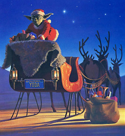 christmas_clothing christmas_headwear clothing costume group hat headgear headwear holidays male night santa_costume santa_hat snow toy ralph_mcquarrie christmas star_wars yoda deer mammal new_world_deer reindeer yoda's_species hi_res official_art
