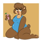 3_toes 4_fingers anthro arm_support bangs barefoot bear_tail belly beverage biped black_eyebrows black_eyes black_mouth black_nose blue_clothing blue_one-piece_swimsuit blue_swimwear border breasts brown_body brown_ears brown_fur brown_hair brown_tail cleavage clothed clothed_anthro clothed_female clothing countershade_face countershade_feet countershade_fur countershade_neck countershade_torso countershading drink_umbrella eyebrow_through_hair eyebrows eyelashes feet female female_anthro fingers fur glistening glistening_clothing glistening_swimwear hair half-closed_eyes hindpaw holding_beverage holding_glass holding_object ice_cube kneeling looking_at_viewer narrowed_eyes one-piece_swimsuit open_mouth open_smile orange_background overweight overweight_anthro overweight_female pawpads paws pink_lemonade pink_tongue round_ears round_tail short_tail simple_background smile solo swimwear swimwear_only tail tan_body tan_countershading tan_inner_ear toes tongue translucent translucent_hair white_border kabula_(artist) bear brown_bear mammal ursine 2020 colored digital_drawing_(artwork) digital_media_(artwork) hi_res