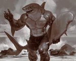 anthro bite_mark bottomwear clothing detailed_background male sea shirtless shorts solo surfboard water taran_fiddler fish marine shark were werefish wereshark 2021 5:4 hi_res monochrome sepia