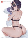 bangs big_butt butt clothed clothing female hair horn hug hugging_object hugging_pillow looking_at_viewer looking_back not_furry one_eye_closed pillow purple_eyes purple_hair rear_view short_hair sitting solo thong underwear wink winking_at_viewer araneesama asian_mythology east_asian_mythology fate_(series) japanese_mythology mythology type-moon assassin_shuten-douji demon horned_humanoid humanoid oni yokai