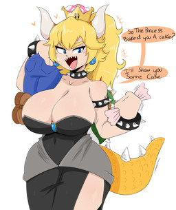 2_horns ambiguous_gender bare_shoulders big_breasts black_clothing black_dress blonde_hair blue_clothing blue_eyes blue_overalls bracelet breasts brown_clothing brown_footwear brown_shoes carrying_another cleavage clothed clothed_female clothed_human clothed_humanoid clothing collar collarbone crossgender crown dialogue dress duo eyelashes female fist footwear hair headgear horn innuendo jewelry linked_speech_bubble motion_lines mtf_crossgender open_mouth overalls sharp_teeth shoes shoulder_carry speech_bubble spiked_bracelet spiked_collar spikes super_crown tail teeth text jinu bowsette_meme mario_bros nintendo bowser mario animal_humanoid human humanoid koopa_humanoid mammal scalie scalie_humanoid 2018 artist_name digital_drawing_(artwork) digital_media_(artwork) english_description english_text hi_res japanese_description meme male_(lore)