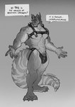 anthro biceps bulge claws dragon dragosaurius english_text harness hi_res horn male monochrome muscular muscular_anthro muscular_male mythological_creature mythological_scalie mythology nipple_piercing nipples pecs piercing reptile scalie simple_background solo tail text