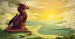 cliff feral grass high_place male plant rock sea sitting solo sun sunset tail water wings shedarkorstar european_mythology mythology muddy_maestro dragon mythological_creature mythological_scalie scalie western_dragon hi_res