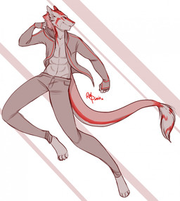abs anthro clothed clothing fur jacket male open_clothing open_jacket open_topwear simple_background smile solo tail topwear redpixie sergal hi_res red_theme