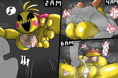 anthro balls beakless biped blush bodily_fluids cum cum_in_vagina cum_inside duo erection exclamation_point female from_front_position genital_fluids genitals heart_symbol leaking_cum machine male male/female male_human mating_press motion_lines open_mouth penetration penile penile_penetration penis penis_in_vagina pull_out sex sharp_teeth simple_background sweat teeth tongue tongue_out vaginal vaginal_penetration vulva yellow_body enigi09 five_nights_at_freddy's five_nights_at_freddy's_2 scottgames anon toy_chica_(fnaf) animatronic avian bird chicken galliform human mammal phasianid robot 2022 comic digital_media_(artwork) hi_res