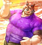 anthro beach black_nose bottomwear clothing detailed_background eyes_closed eyewear eyewear_on_head humanoid_hands kemono male musclegut muscular outside overweight overweight_male seaside shirt shorts smile solo sunglasses sunglasses_on_head topwear water seikeikei2015 lifewonders live_a_hero viscunam mammal procyonid raccoon 2023 absurd_res hi_res