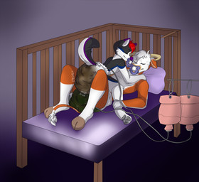 2_toes 3_toes ageplay all_fours anthro anthro_on_anthro barefoot clothed clothing crib diaper digitigrade duo enema enema_bag eyes_closed feces feet humanoid_hands infantilism inside lying male male/male object_in_mouth on_back pacifier pacifier_in_mouth pooping roleplay scatplay soiled_diaper soiling soiling_diaper sound_effects toes topless unclean_diaper used_diaper wearing_diaper operationfluff bovid bovine cattle mammal species_request character_request hi_res