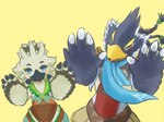 anthro beak blue_body blue_eyes blue_feathers blush clothing duo feathers green_eyes leather leather_clothing male scarf smile taunting tongue tongue_out white_body white_feathers wings young young_anthro sheep_riritoto breath_of_the_wild nintendo tears_of_the_kingdom the_legend_of_zelda revali tulin_(tloz) avian rito