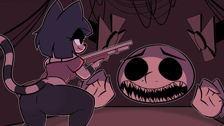 anthro bottomwear butt clothing female gun pants ranged_weapon shotgun solo weapon yoga_pants kshartist animal_crossing buckshot_roulette nintendo ankha_(animal_crossing) dealer_(buckshot_roulette) felid feline mammal 16:9 hi_res widescreen