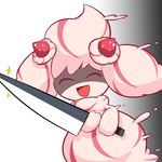 eyes_closed food holding_knife holding_object knife open_mouth pink_body solo sparkles yandere colanukl nintendo pokemon alcremie food_creature food_humanoid generation_8_pokemon humanoid pokemon_(species) strawberry_sweet_alcremie vanilla_cream_alcremie 1:1