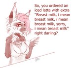 anthro apron apron_only breasts clothing female solo text sibi_the_messtress i_mean_breast_milk starbucks sibi_(sibi_the_messtress) domestic_cat felid feline felis maine_coon mammal absurd_res english_text hi_res meme