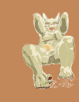 anthro balls belly butt feet genitals group half-erect hands_behind_head macro male male/male micro musclegut muscular nipples nude nude_anthro nude_male open_mouth orange_background penis pinned_by_foot simple_background stepped_on teeth trio jeri_kleinlowe felid feline mammal 2010 colored