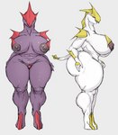 anthro areola big_breasts big_butt biped breasts butt female grey_background nipples nude purple_body simple_background thick_thighs white_body wide_hips audunor 2019 digital_media_(artwork)