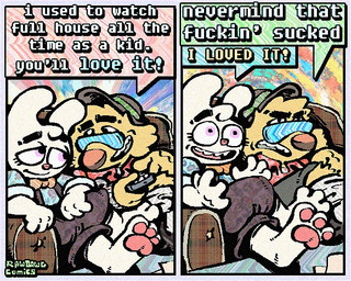 aloha_shirt anthro bottomwear bow_tie clothing crossed_legs curved_horn dialogue duo eyewear floppy_ears fur half-closed_eyes hat headgear headwear horn humor male narrowed_eyes open_mouth open_smile overalls pattern_clothing pattern_shirt pattern_topwear pawpads paws pink_pawpads shirt shorts smile speech_bubble sunglasses text topwear white_body white_fur wide_eyed rawdawgcomics bingus_(rawdawgcomics) stahli_(rawdawgcomics) bird_dog canid canine canis domestic_dog golden_retriever hunting_dog lagomorph leporid mammal rabbit retriever 5:4 comic english_text
