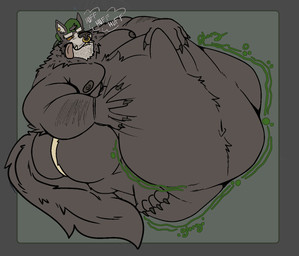 abdominal_bulge anthro arm_hair beard belly big_belly black_nose body_hair clothing facial_hair facial_piercing fur grey_body grey_fur hat headgear headwear huge_belly jockstrap male male_pred nose_piercing nose_ring obese overweight pecs piercing ring_piercing rumbling_stomach same_size_vore stubble tongue tongue_out underwear vore yellow_sclera just_jeffjeff canid canine canis mammal wolf hi_res