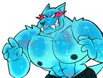 4_fingers abs anthro barazoku biceps big_fangs big_muscles biped blue_body blue_fur fangs fingers fur huge_muscles looking_at_viewer male muscular nipples pecs shirtless_anthro shirtless_male simple_background solo teeth white_background janjauwu mr_beast_(logo) canid canine canis mammal wolf 2024 absurd_res hi_res