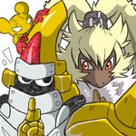 anthro clothing fur gloves group handwear long_ears male orange_eyes ponytail_ears smile trio yellow_body yellow_fur portugueselynx bandai_namco digimon digimon_ghost_game digimon_xros_wars digimon_(species) lagomorph leporid mammal rabbit symbareangoramon tyutyumon 1:1 hi_res