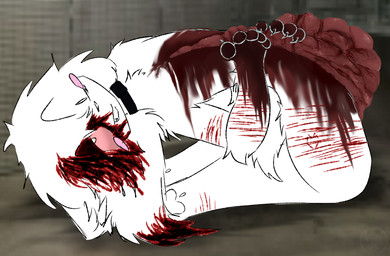 ambiguous_gender anthro bent_over blood blood_splatter blush blush_lines bodily_fluids claws collar corpse dead_eyes drooped_ears drugs duo gore guts hair head_wound insides intersex intersex/intersex kneeling kneeling_on_ground lazy_eye long_hair organs scar self-harm self-harm_scars shock_collar short_tail stoned substance_intoxication tail trauma white_body real_feral preychan felid feline mammal