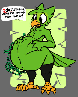 4_fingers 4_toes abdominal_bulge anisodactyl anthro beak belly big_belly bottomless clothed clothing digestion digestion_noises feathers feet fingers green_body hand_on_belly huge_belly legwear looking_down male mascot onomatopoeia same_size_vore scuted_feet scutes slightly_chubby soft_vore solo sound_effects standing tail tail_feathers talons text thick_thighs thigh_highs toes vore wing_fingers oscarvornm duolingo duo_(duolingo) avian bird owl