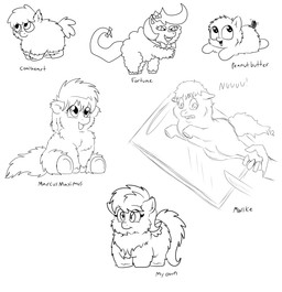 ambiguous_feral ambiguous_gender cutting_board eyelashes feral fur hair holding_leg hooves imminent_death knife mouth_closed neonate open_mouth quadruped sitting smile standing style_emulation tail text young young_ambiguous young_feral anonymous_artist fluffy_pony fluffy_pony_(species) mammal digital_media_(artwork) english_text hi_res monochrome