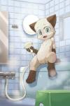 anthro bathroom bathtub blue_eyes female genitals looking_at_viewer mirror nipples open_mouth pussy shower_head sink solo window young young_anthro yojoo domestic_cat felid feline felis mammal hi_res