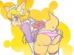 :3 absolute_territory anthro bent_over blonde_hair blush bottomwear butt cheek_tuft clothed clothing clothing_lift eyebrow_through_hair eyebrows facial_tuft female fur hair holding_clothing holding_object inner_ear_fluff kemono legwear looking_at_viewer looking_back maid_uniform panties pattern_bottomwear pattern_clothing pattern_panties pattern_underwear pink_clothing pink_panties pink_underwear presenting presenting_hindquarters presenting_panties purple_clothing purple_eyes purple_topwear raised_tail rear_view ribbons short_hair simple_background skirt skirt_lift solo standing striped_bottomwear striped_clothing striped_panties striped_underwear stripes tail tail_under_skirt tail_upskirt tan_body tan_fur thigh_highs topwear translucent translucent_hair tuft underwear uniform upskirt white_background white_clothing white_legwear white_panties white_thigh_highs white_underwear yellow_background cyberconnect2 little_tail_bronx solatorobo flo_financier canid canine caninu canis domestic_dog mammal 4:3 digital_media_(artwork)