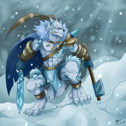 abs anthro axe biceps bottomwear clothing digitigrade fur loincloth male markings melee_weapon muscular muscular_male orange_eyes outside pecs snow snowing solo sword tail weapon yellow_eyes blackham canid canine canis mammal wolf 1:1 2012