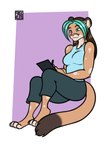 anthro bottomwear brown_body brown_fur brown_hair clothing drawing_tablet electronics female fur green_highlights hair half-closed_eyes highlights_(coloring) multicolored_body multicolored_fur narrowed_eyes pants shirt simple_background smile solo stylus sweatpants tan_body tan_fur tank_top topwear two_tone_body two_tone_fur freckles_(artist) cougar felid feline mammal 2023