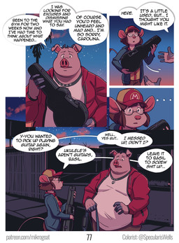 5_fingers anthro bag black_hair bottomwear breasts clothed clothed_anthro clothed_female clothed_male clothing dialogue duo eyewear feet female fingers fur gig_bag glasses hair hat headgear headwear horn humanoid_hands jacket lute male musical_instrument night overweight overweight_anthro overweight_male page_number pink_body pink_fur pink_nose pink_skin plucked_string_instrument profanity red_hair shorts speech_bubble standing string_instrument sunset text tongue topwear ukulele wearing_glasses mikrogoat basil_(mikrogoat) carolina_(mikrogoat) domestic_pig mammal mouse murid murine rodent suid suine sus_(pig) comic english_text hi_res url