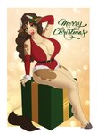 2_horns 5_fingers anthro armband bangs belt belt_buckle bent_legs big_breasts black_belt black_eyebrows border box breasts brown_hair brown_markings brown_tail_tuft buckle christmas_clothing cleavage clothed clothing cloven_hooves container curved_horn curvy_anthro curvy_female eyebrow_through_hair eyebrows eyelashes eyelashes_through_hair eyeshadow facial_markings feathering female female_anthro fingers full_cleavage fur fur_markings gift_box hair half-closed_eyes hand_behind_head head_markings holidays holly_(plant) hooves horn leotard light lipstick long_hair looking_at_viewer makeup markings multicolored_body multicolored_fur narrowed_eyes open_mouth open_smile pink_tongue plant plant_on_head pose red_armband red_clothing red_eyeshadow red_leotard red_lipstick simple_background sitting sitting_on_box smile smiling_at_viewer solo tail tail_tuft tan_body tan_fur tan_tail text thick_thighs tongue translucent translucent_hair tuft two_tone_body two_tone_fur wavy_hair white_border white_horn yellow_background milk-jug christmas milky_(milk-jug) bovid bovine cattle mammal 2022 colored digital_drawing_(artwork) digital_media_(artwork) english_description english_text hi_res lighting shaded