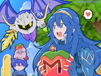 ambiguous_gender blue_eyes blue_hair blue_sky blush blush_lines day eye_contact female flying group hair heart_symbol holding_melee_weapon holding_object holding_sword holding_weapon looking_at_another male melee_weapon not_furry open_mouth open_smile outside pink_body plant sky smile sparkles sword tree weapon wings superstaryoshi6 fire_emblem fire_emblem_awakening fire_emblem_mystery_of_the_emblem kirby_(series) nintendo super_smash_bros. super_smash_bros._ultimate kirby lucina_(fire_emblem) marth_(fire_emblem) meta_knight human mammal waddling_head 2025 4:3 digital_drawing_(artwork) digital_media_(artwork) flat_colors hi_res procreate_(artwork) shaded signature