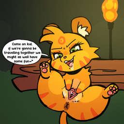 anus bodily_fluids cheek_tuft chibi clitoris dialogue drooling eyebrows facial_markings facial_tuft female feral fire forehead_markings fur genital_fluids genitals head_markings humanoid_genitalia humanoid_genitalia_on_feral humanoid_vulva humanoid_vulva_on_feral inner_ear_fluff inviting inviting_to_sex inviting_viewer log lying lying_on_ground markings on_back on_ground open_mouth orange_body orange_fur pawpads pink_nose presenting presenting_vulva quadruped red_markings red_stripes saliva solo speech_bubble spread_vulva spreading stripes teeth text tongue tuft vaginal_fluids vulva wood not_a_furfag domestic_cat felid feline felis mammal 1:1 2026 absurd_res english_text hi_res