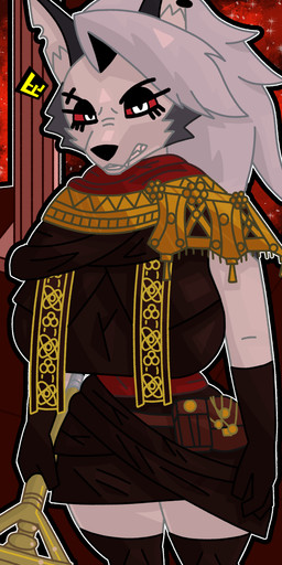 angry anthro clothing female fur looking_at_viewer melee_weapon polearm robe solo spear standing weapon white_body white_fur aceexcel elden_ring fromsoftware hellaverse helluva_boss mythology loona_(helluva_boss) canid canid_demon canine demon hellhound mammal mythological_canine mythological_creature absurd_res hi_res