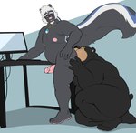 anal anthro anthro_on_anthro azure_(bluedude) bear black_body black_fur bodily_fluids butt computer conditional_dnp duo electronics erection erobos eyebrow_piercing eyewear facial_hair facial_piercing feet fur genitals glasses hadou_(satsui-n0-had0u) hair humanoid_genitalia humanoid_penis hypnosis jewelry licking looking_at_another looking_at_partner looking_back male male/male mammal mephitid mind_control nipples nude oral overweight overweight_male pendant penis piercing raised_tail rimming ringed_eyes saliva saliva_on_anus sex simple_background skunk skunk_tail slightly_chubby slightly_chubby_male smile standing tail thick_thighs tongue tongue_out white_hair