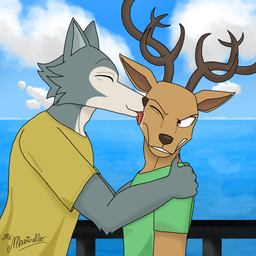anthro antlers brown_body clothed clothing cloud duo face_lick fingers fur grey_body grey_fur horn licking male male/male sea smile teeth text tongue tongue_out water mr._maestrello beastars legoshi_(beastars) louis_(beastars) canid canine canis cervine deer mammal red_deer wolf 1:1 2025 absurd_res artist_name colored digital_drawing_(artwork) digital_media_(artwork) hi_res shaded signature watermark