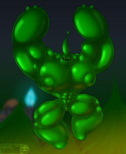 3_fingers abs big_muscles big_pecs blurred_background bulge fingers green_body head_tentacle huge_muscles huge_pecs hyper hyper_muscles hyper_pecs male muscular not_furry pecs solo yellow_eyes theravic league_of_legends riot_games tencent zac_(lol) goo_creature hi_res
