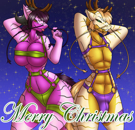 anthro antlers barbel_(anatomy) big_breasts black_sclera blep blonde_hair breast_squish breasts bulge clothed clothing duo female flesh_whiskers fur_ridge gold_(metal) gold_tooth green_eyes hair harness holidays horn legband male merry_christmas orange_eyes pink_body pose purple_hair skimpy small_waist squish striped_body stripes tail text thick_thighs thighband tongue tongue_out wide_hips yellow_body koekoek christmas mythology aisha_lauer lance_(koekoek) dragon eastern_dragon mythological_creature mythological_scalie scalie 2025 english_text hi_res