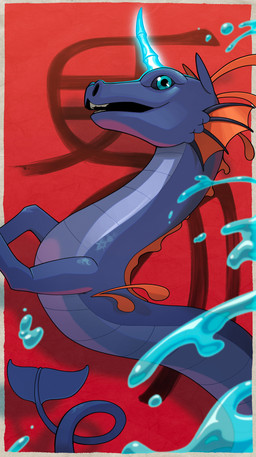 ambiguous_feral ambiguous_gender bent_legs black_sclera blue_body blue_eyes blue_horn blue_scales ear_frill feral fin frill_(anatomy) glowing glowing_horn horn light long_tail looking_at_viewer magic magic_user multicolored_body multicolored_scales open_mouth open_smile red_background scales simple_background smile smiling_at_viewer solo tail tail_fin teeth text water inkarat_mittongtare chinese_zodiac fakemon mythology nintendo pokemon year_of_the_horse dragon equid equine mammal mythological_creature mythological_scalie scalie umicron 2026 absurd_res chinese_description chinese_text clip_studio_paint_(artwork) colored digital_drawing_(artwork) digital_media_(artwork) hi_res lighting shaded