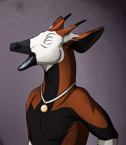 anthro black_body black_fur blue_tongue brown_body brown_fur eyes_closed female flat_chested fur horn jewelry laugh necklace open_mouth ossicone simple_background solo teeth tongue lizet illah_oakridge giraffid mammal okapi 2016
