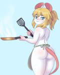 4_fingers anthro apron apron_only blonde_hair blue_background blue_eyes blue_pupils blush buckteeth butt clothing cookware femboy fingers frying_pan fur gloves_(marking) hair holding_object kitchen_utensils looking_at_viewer looking_back male markings pink_body pink_inner_ear ponytail pupils rear_view simple_background solo spatula standing steam teeth thick_thighs tools white_body white_fur mr-shin marvin_(mr-shin) mammal mouse murid murine rodent hi_res