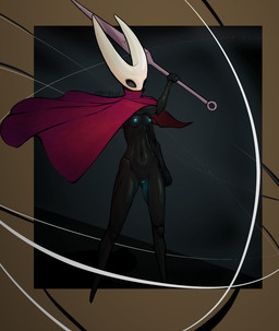 2_horns areola biped black_body black_breasts black_eyes blue_areola blue_nipples breasts clothing empty_eyes female fingers genitals holding_melee_weapon holding_object holding_weapon horn melee_weapon nipples red_clothing solo standing vulva weapon abstrude hollow_knight_(franchise) team_cherry hornet_(hollow_knight) arthropod humanoid 2026 absurd_res hi_res