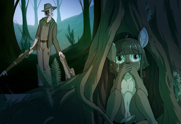 anthro blood bodily_fluids clitoris covering covering_mouth covering_own_mouth covering_self crying duo female flat_chested forest genitals gun hiding loli male nipples nude peril plant ranged_weapon scared tears tree vulva weapon wide_eyed young moderately_ashamed deer human mammal monster undead zombie absurd_res hi_res