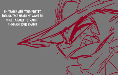 angry anthro clothing glare glaring grey_background hat headgear headwear looking_forward male profanity red_line_art scarf simple_background solo text white_text teathekook hellaverse helluva_boss striker_(helluva_boss) imp bust_portrait colored_line_art english_text hi_res portrait
