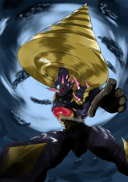 attack black_body drill giga_drill_breaker glowing glowing_eyes male solo spikes mightymuteki bandai_namco digimon digimon_ghost_game mythology animal_humanoid arcturusmon digimon_(species) dragon dragon_humanoid humanoid mythological_creature mythological_scalie scalie hi_res