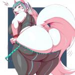 anthro ass_too_fat bent_over big_breasts big_butt big_tail bottomwear bottomwear_down bottomwear_pull breasts butt butt_focus clothed clothing clothing_pull cosplay costume dressing female hair huge_butt hyper hyper_butt inner_ear_fluff pants pants_pull simple_background slightly_chubby solo struggling_to_fit tail tight_bottomwear tight_clothing tuft undersized_clothing trinity-fate62 vocaloid hatsune_miku canid canine canis domestic_dog mammal 1:1 absurd_res hi_res