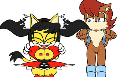 anthro big_breasts black_clothing black_hair black_panties black_underwear blue_boots blue_clothing blue_footwear blue_topwear blue_vest boots bouncing_breasts breast_envy breasts brown_body brown_fur clothing dress duo eyes_closed featureless_breasts female footwear fur gloves hair handwear looking_at_another nipples panties red_boots red_clothing red_dress red_footwear red_hair shoes simple_background small_breasts tail topwear underwear vest white_background yellow_body yellow_yellow_fur anonymous_artist unknown_artist sega sonic_the_fighters sonic_the_hedgehog_(series) honey_the_cat sally_acorn chipmunk domestic_cat felid feline felis ground_squirrel mammal rodent sciurid 16:9 animated hi_res widescreen